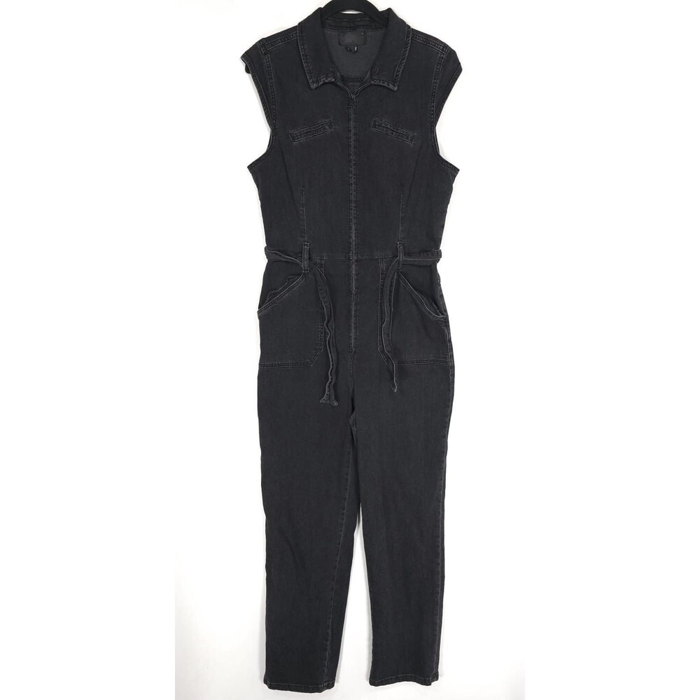 PAIGE Denim Jumpsuit Black Sleeveless Zip Belted Cotton Stretch Size 8